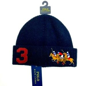 Polo Ralph Lauren Horse Racing Navy Triple Pony Beanie Winter Hat NWT - Main Image